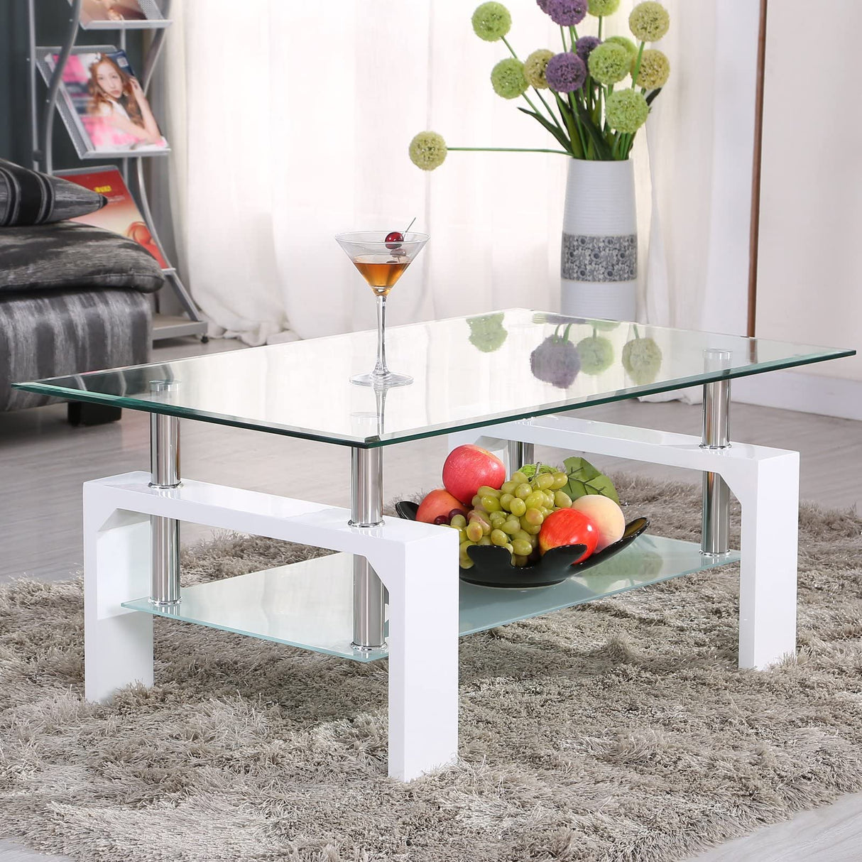 Rectangle Glass Coffee Table-White Modern Side Coffee Table with Lower Shelf Metal Legs