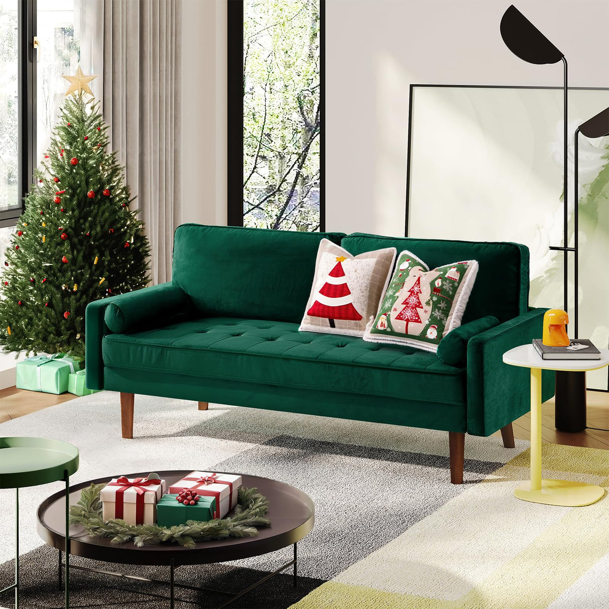 Loveseat Sofa 68", Mid Century Modern Sofas Couches for Living Room,Green Velvet Couch for Small Spaces, Solid Wooden Frame, Back Cushions and Tapered Wood Legs Easy to Install