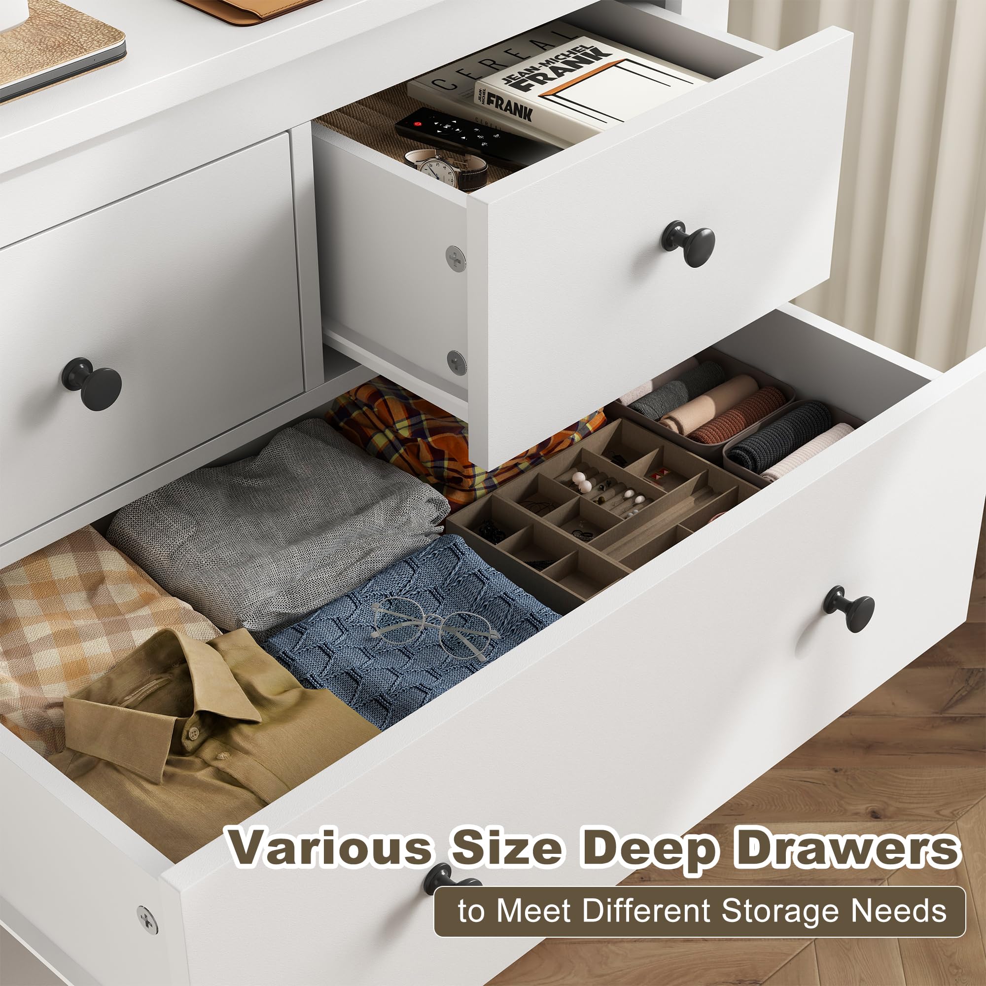 White Dresser, Dresser for Bedroom with 10 Drawers Wood Dresser with Smooth Metal Rail