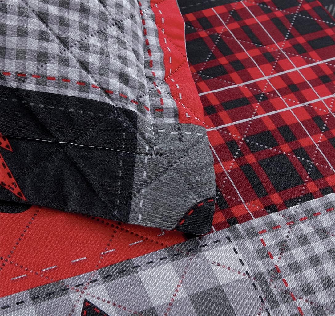 Rustic Bear Quilts Set Full/Queen Size, Red Black Plaid Patchwork Bedding Lightweight