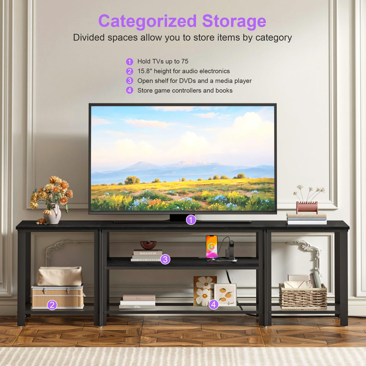 Industrial Metal TV Stand with RGB LED Lights & Power Outlets