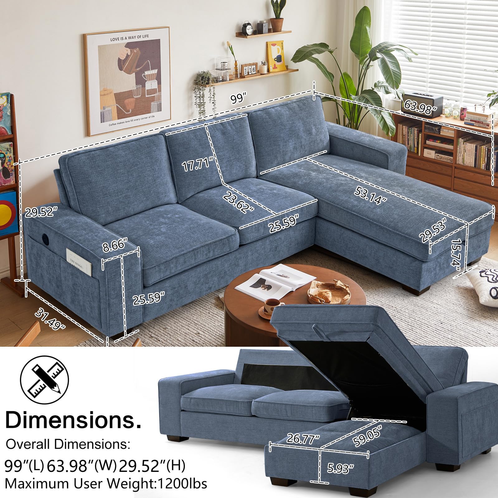 99“ Convertible Sectional Sofa,L Shaped Couch,Multi-Functional Reversible Sofa