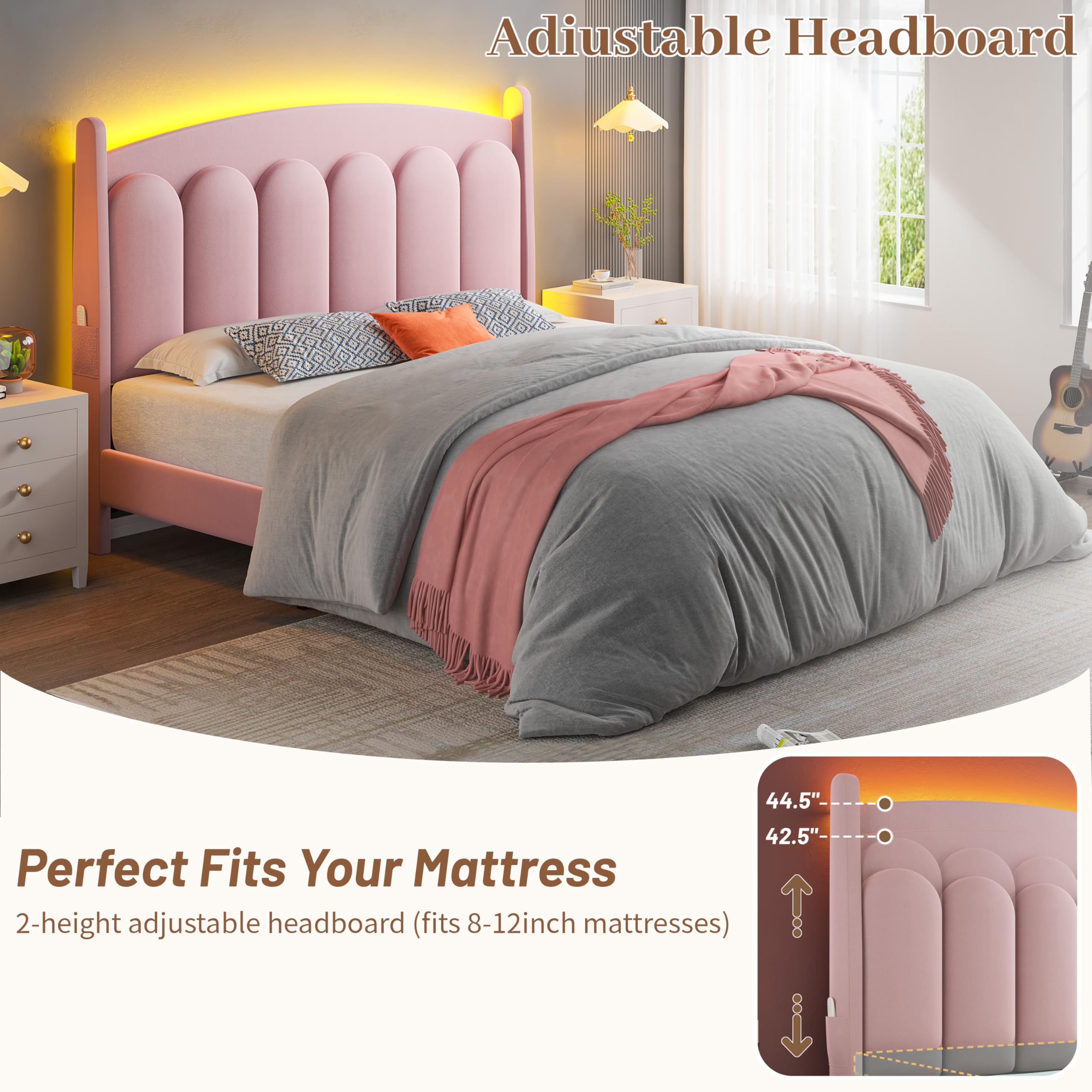 Queen Bed Frame with LED Lights and Adjustable Headboard