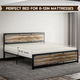 King Size Bed Frame with Wooden Headboard Footboard, Farmhouse Metal King