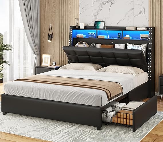 Full Size Bed Frame with Storage Headboard and 4 Drawers