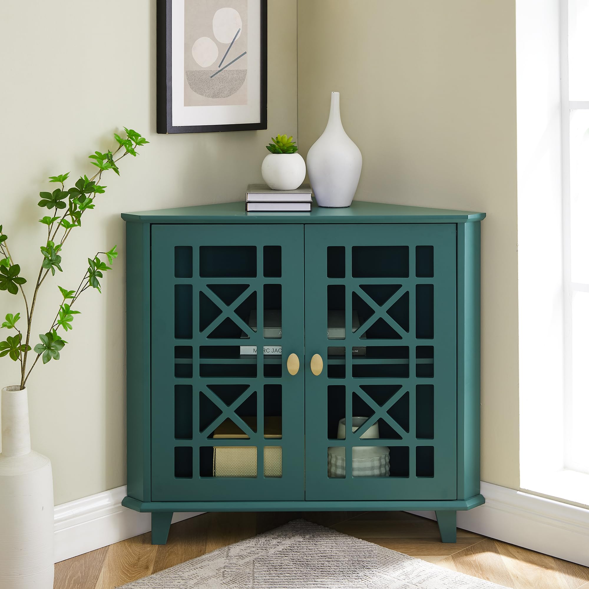 Edison Ronne 32 Inch 2 Door Corner Accent Table with Fretwork Detail - Dark Teal