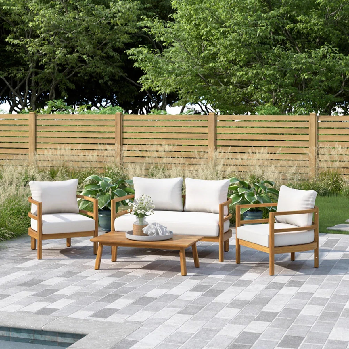 4 Piece Outdoor Patio Conversation Set,Acacia Wood Frame Club Chair