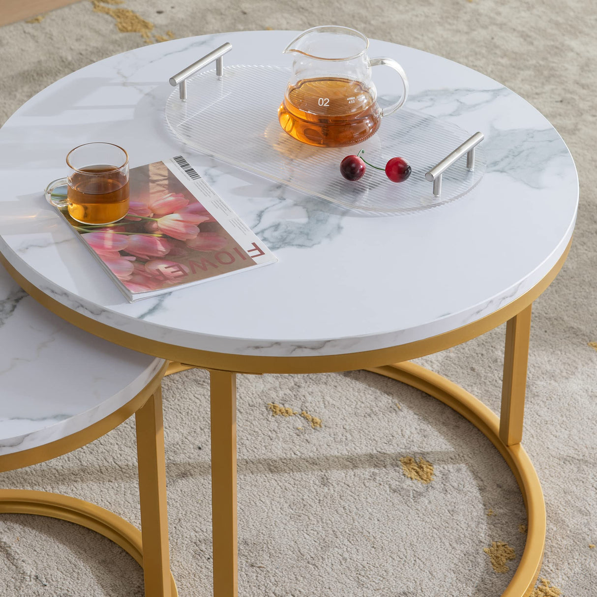 Modern Nesting Coffee Table,Golden Metal Frame with Marble Color top-23.6"