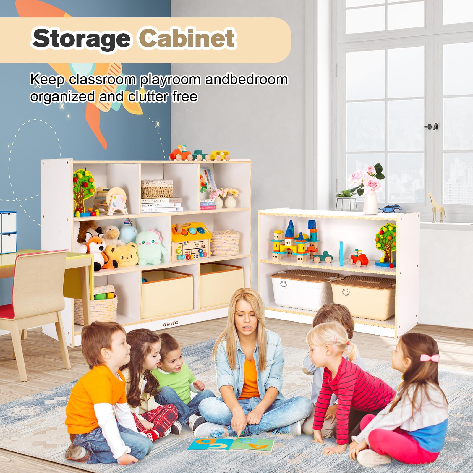 wingyz Kids Toy Storage Organizer, 2-Tier Wooden Storage Cabinet, Spacious Montessori Kids Bookshelf, Toy Shelf Storage Organizer for Playroom Classroom Nursery Study Living Room (White)