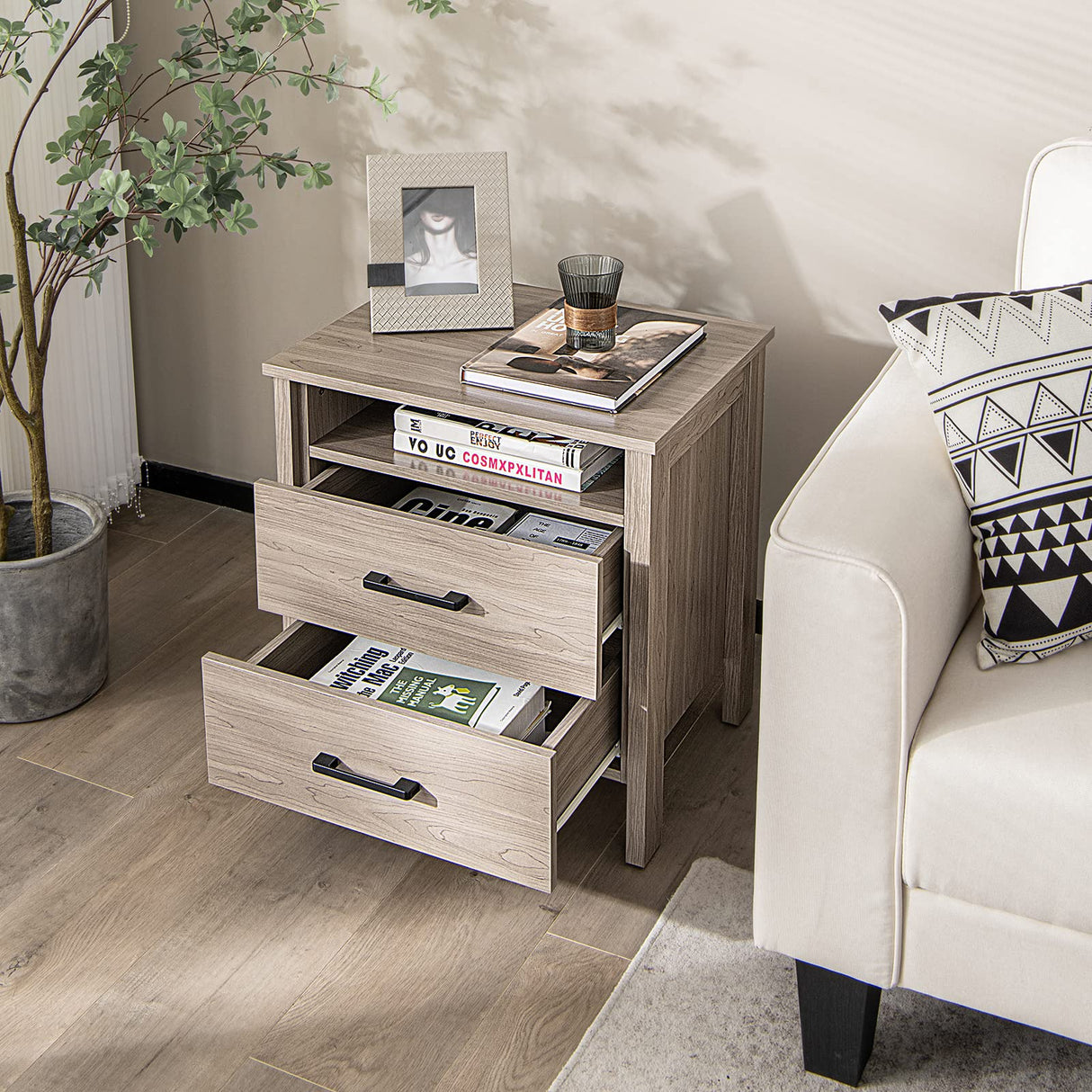 Nightstand with 2 Drawers, Wooden End Side Table with Open Storage Shelf and Cable