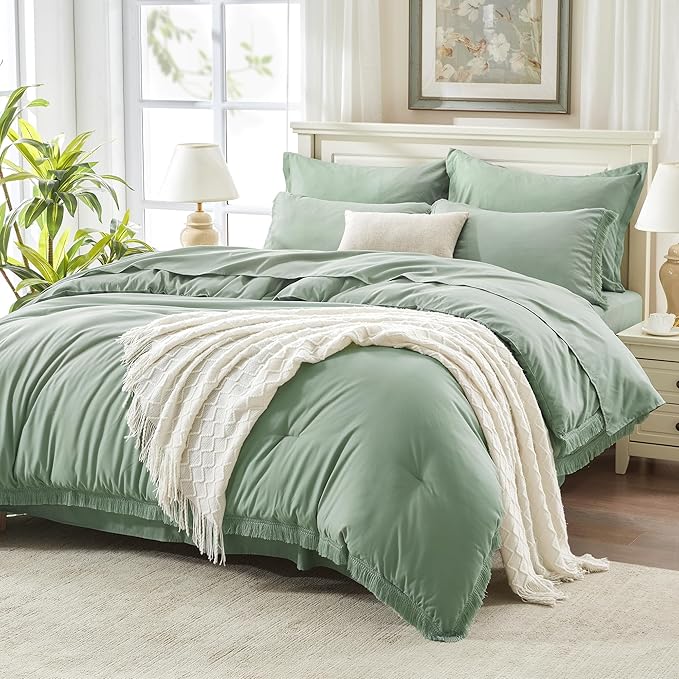 Beige Comforter Set King Size with Sheets -7 Pieces Boho Tassel Bed in a Bag Soft