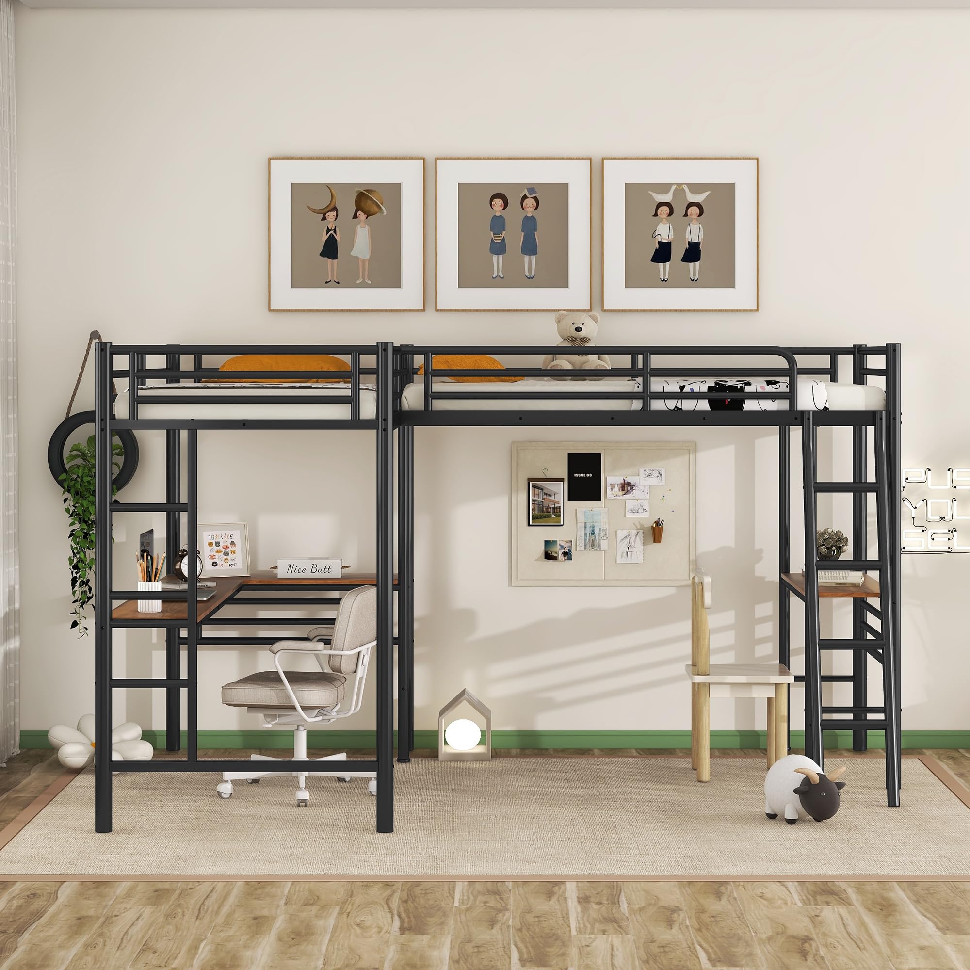 L-Shape Loft Beds with Two Desk Metal Double Twin Loft Beds