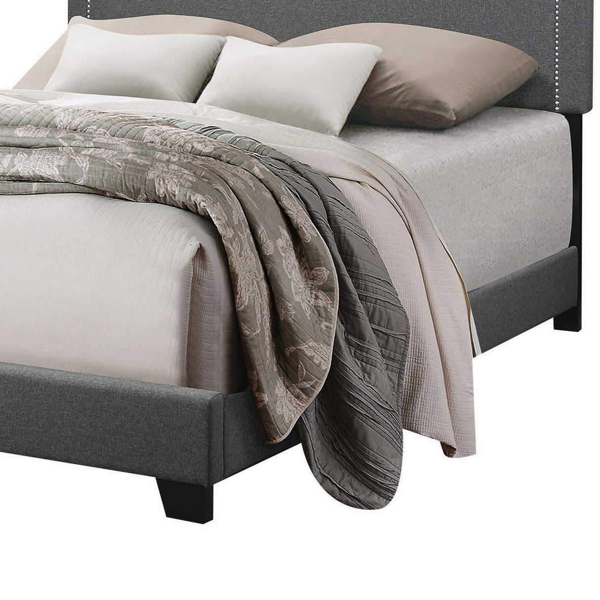 Benjara Fabric Upholstered Queen Bed with Block Legs, Gray, Brown