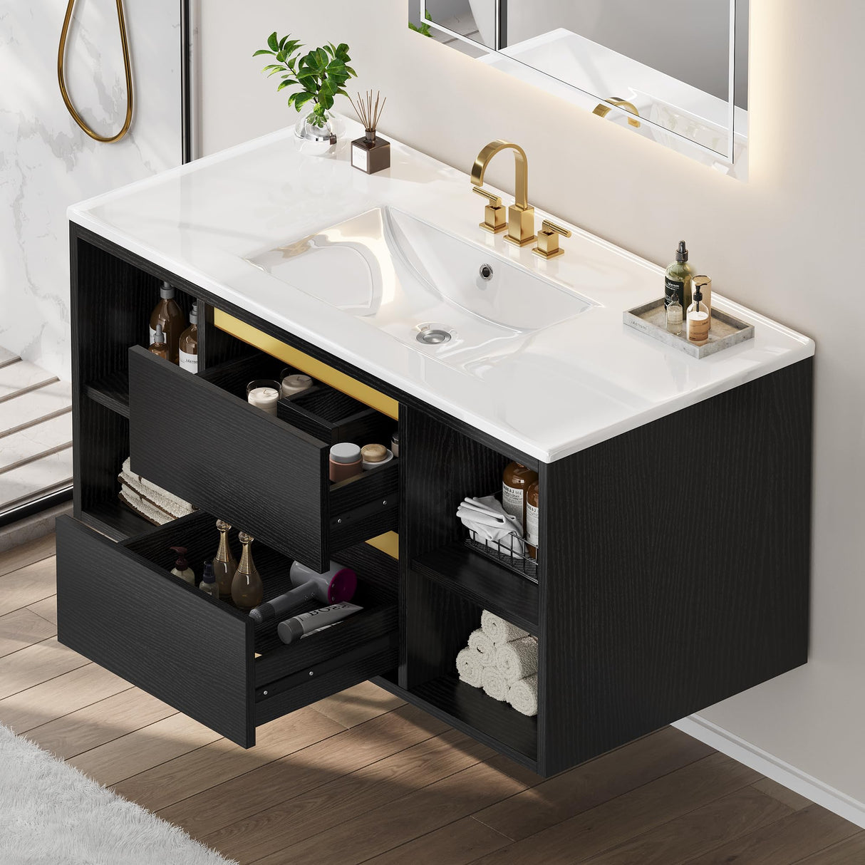 36 Inch Floating Bathroom Vanity with Three Holes Sink, Wall Mounted Morden Vanity