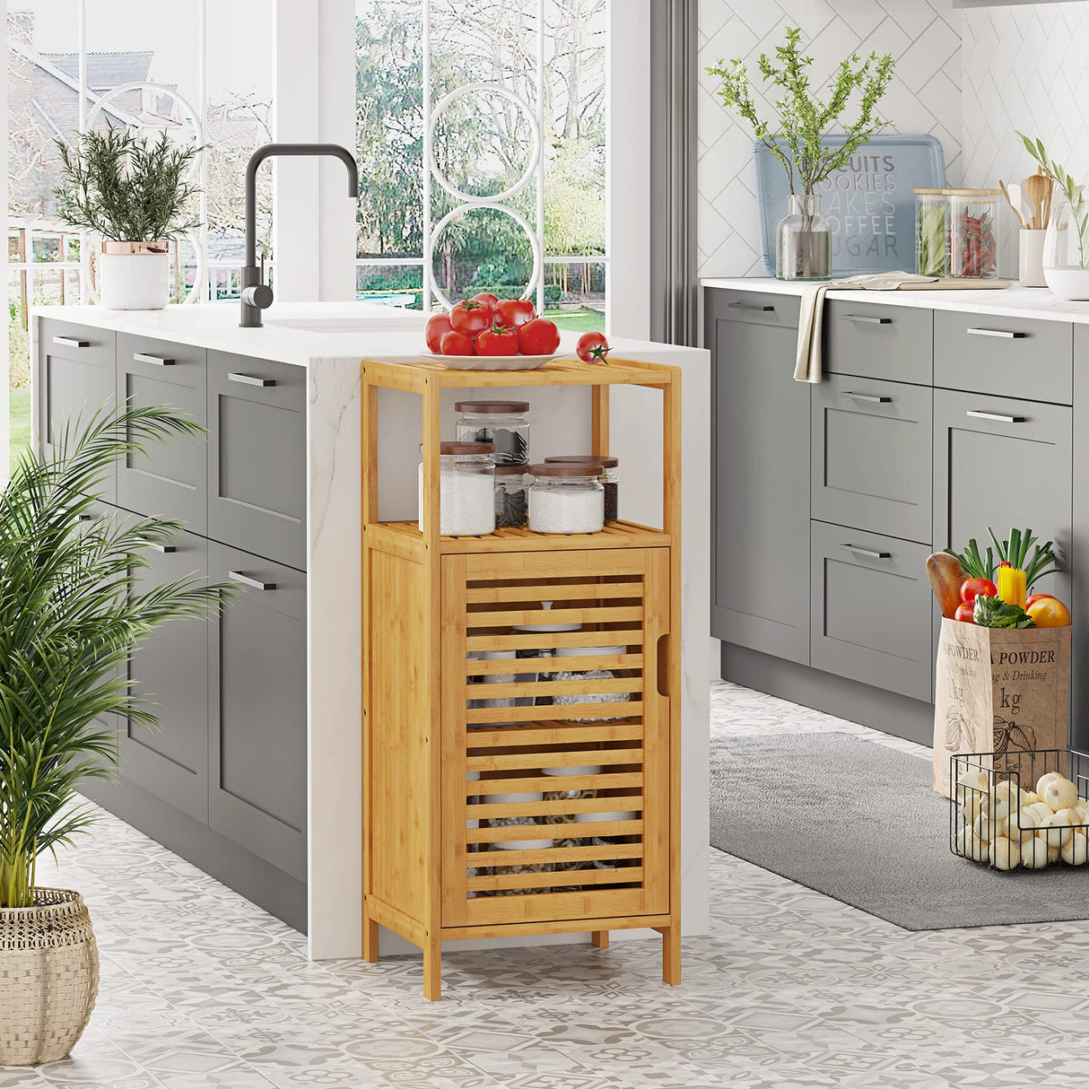 Bamboo Cabinet, Bathroom Storage Cabinet with Single Door and Shelf, Freestanding Bathroom Cabinet,