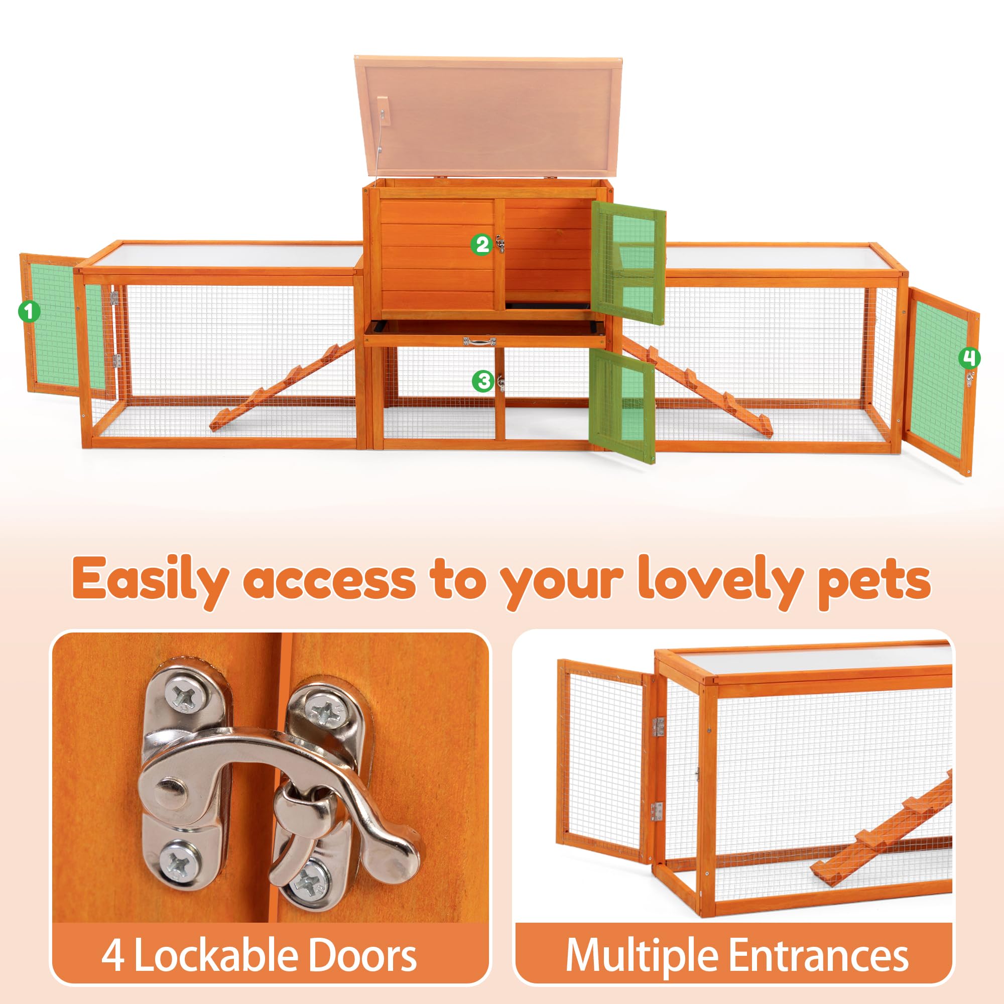 COZIWOW Extra Large Rabbit Hutch Bunny Cage Outdoor Indoor, 2-Story 94.5”L Wooden Bunny Hutch for 2 Rabbits, Big Rabbit Cage with Cleaning Tray & Waterproof Roof & Runs (Orange)