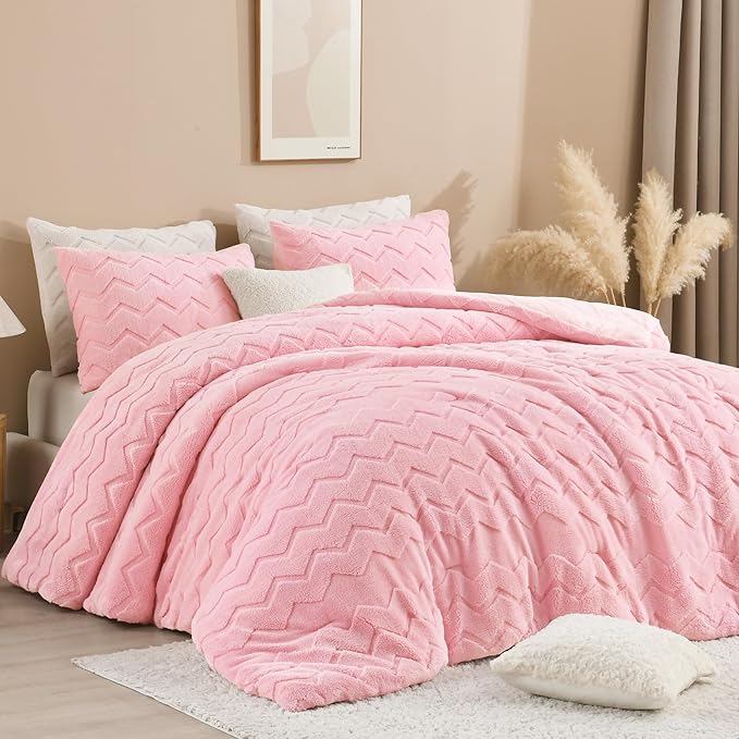 Fluffy Comforter Full Set - Soft Fuzzy Sherpa Pink Comforter for Full Size Bed