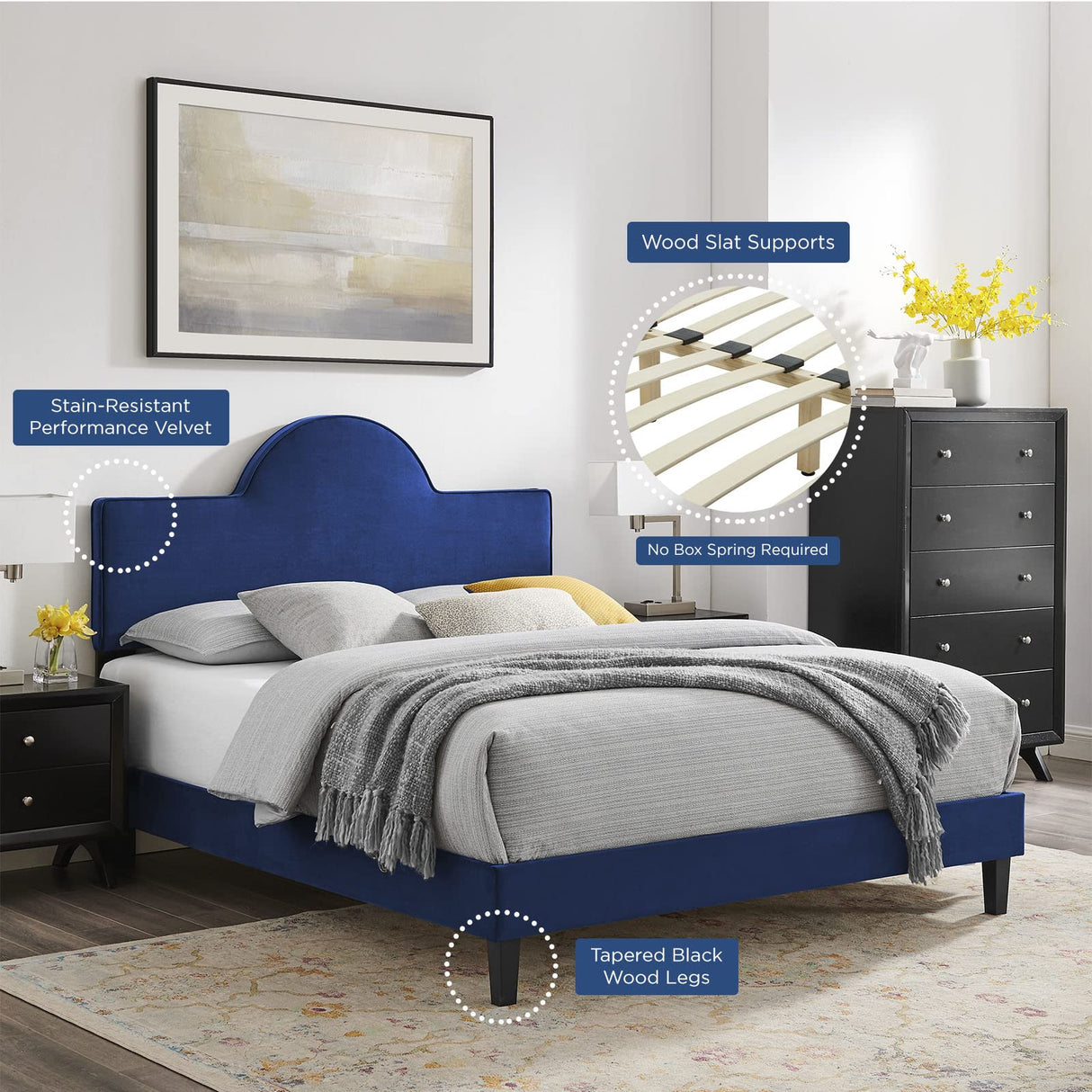 Performance Velvet King Bed in Navy Platform