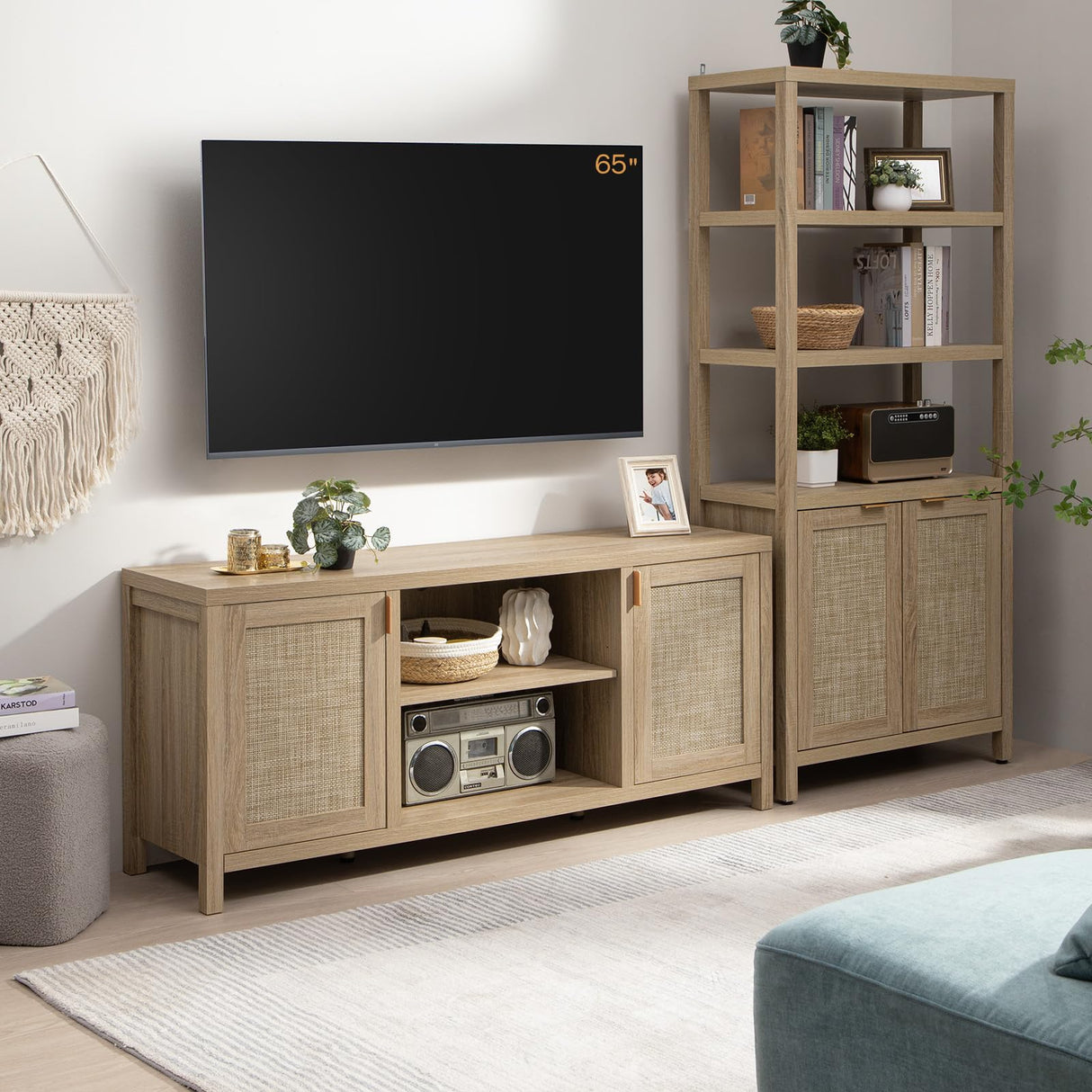 Rattan TV Stand for Living Room - 26" Tall Wood TV Console Cabinet