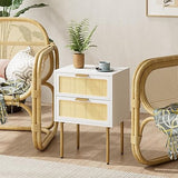 Rattan Nightstand with Charging Station, 2 Drawer Dresser for Bedroom