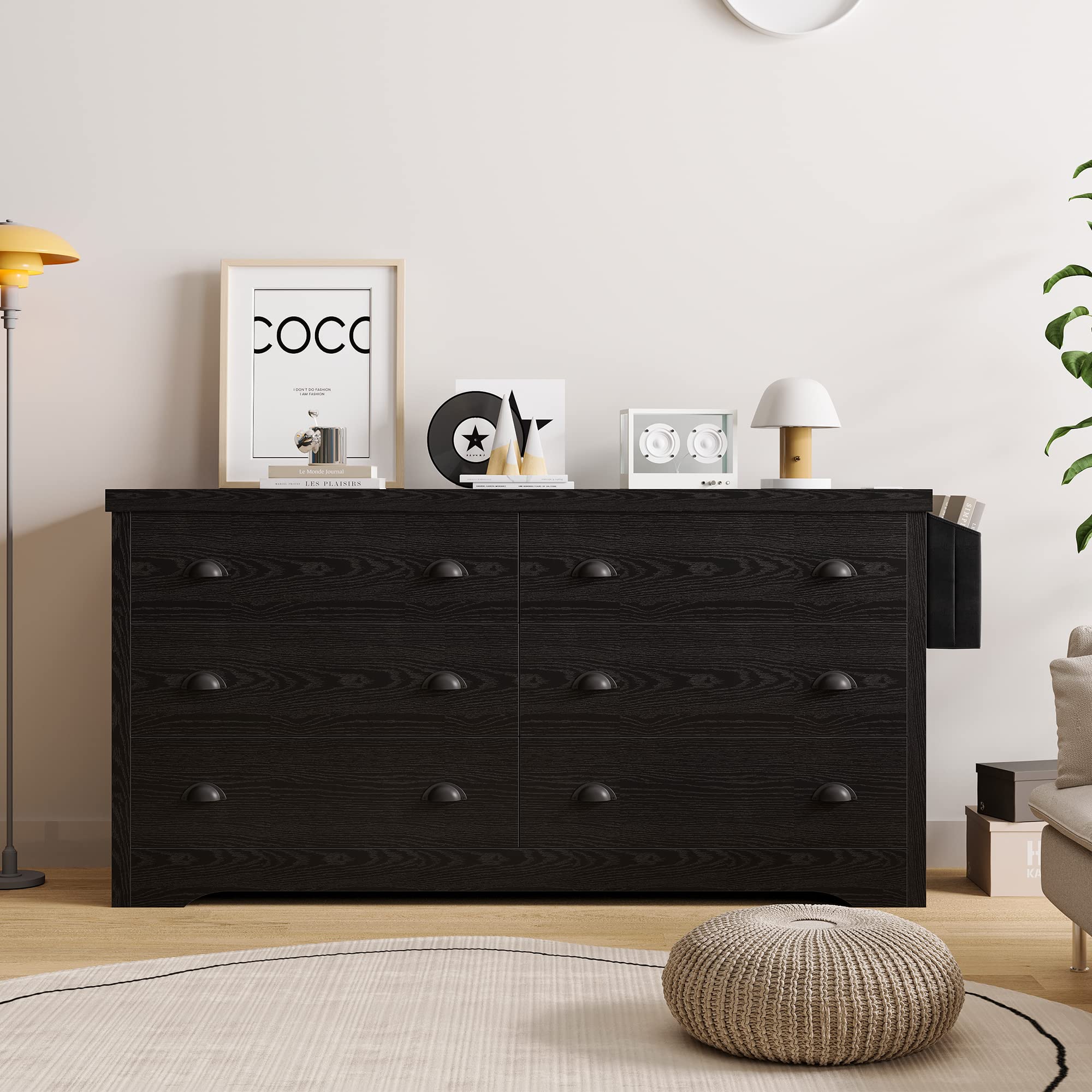 Dresser for Bedroom 6 Drawer with Charging Station, TV Stand Storage Chest of Drawers for Living Room Hallway Entryway, MDF Board, Black