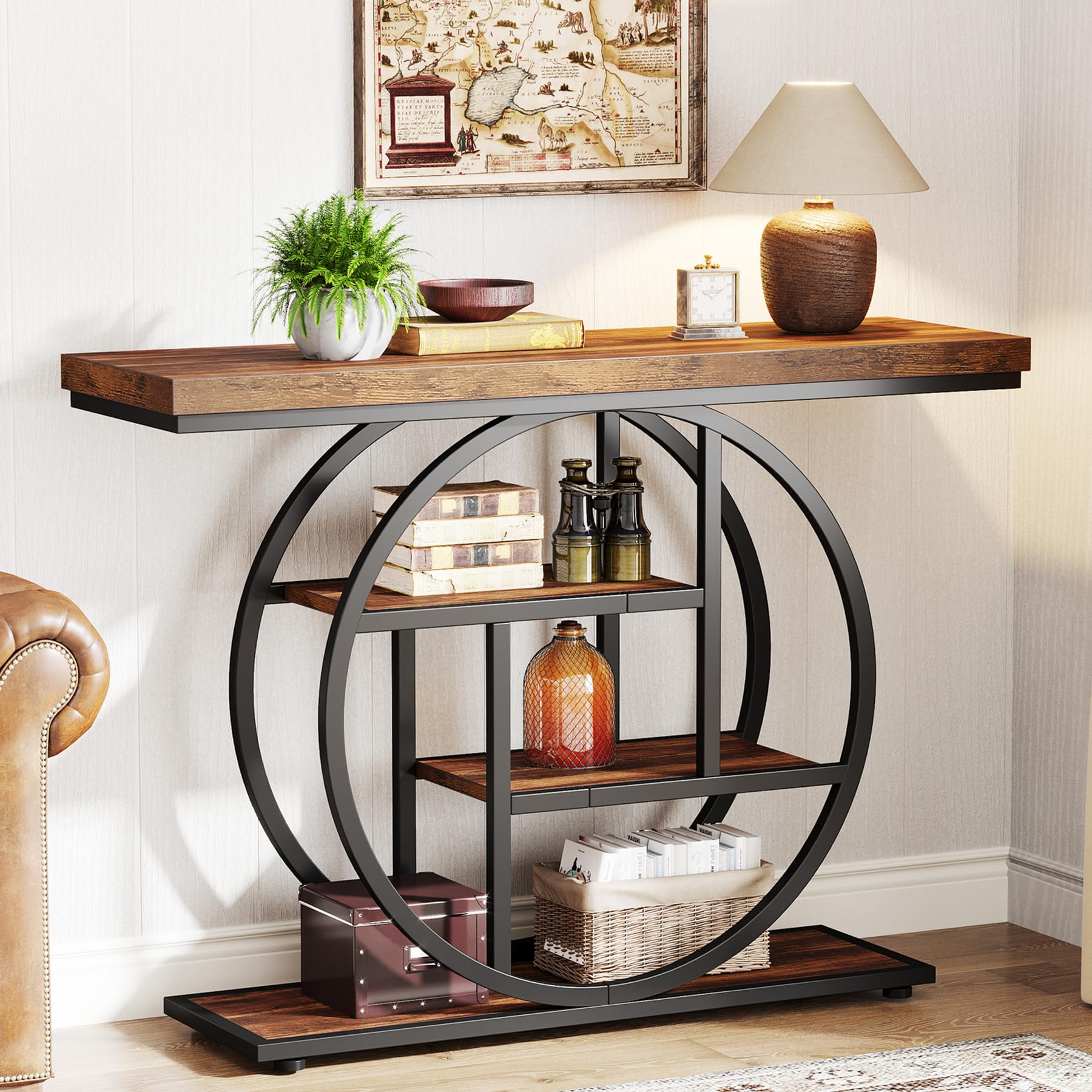 41.3" Console Table, Industrial 4-Tier Sofa Table Entryway Table with Circle Base