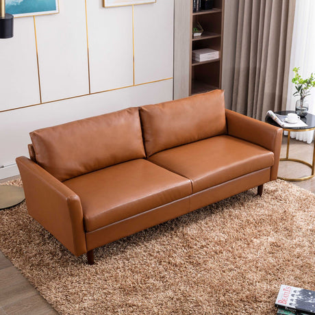 80'' Faux Leather Sofa Couch, Mid-Century Modern Sofa with Solid Wooden Frame & Padded Cushions, 3-Seater Couch for Living Room, Apartment, Lounge Room (Brown)