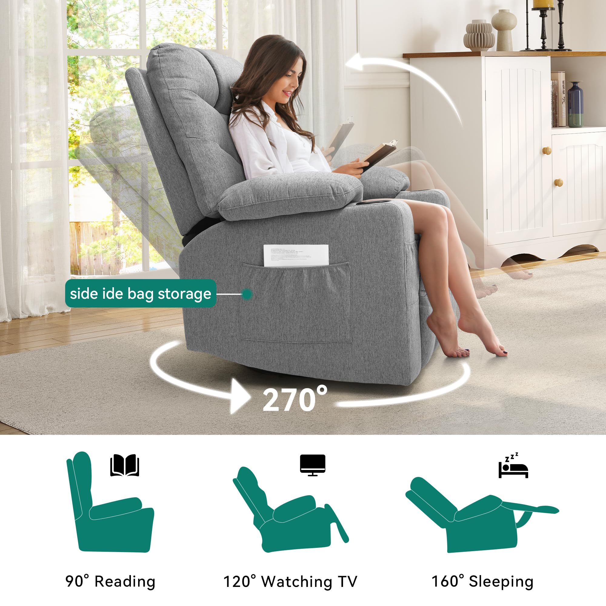 MaxEase Oversized Swivel Power Recliner with Massage, Heat & Storage