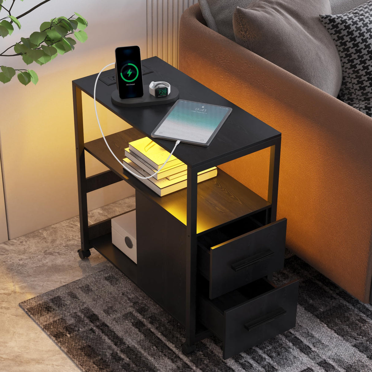 Side Table with Charging Station, End Table with Led Light, Black Nightstand with 2 Drawers, 3-Tier Storage, Wheels and USB Ports & Outlets for Bedroom