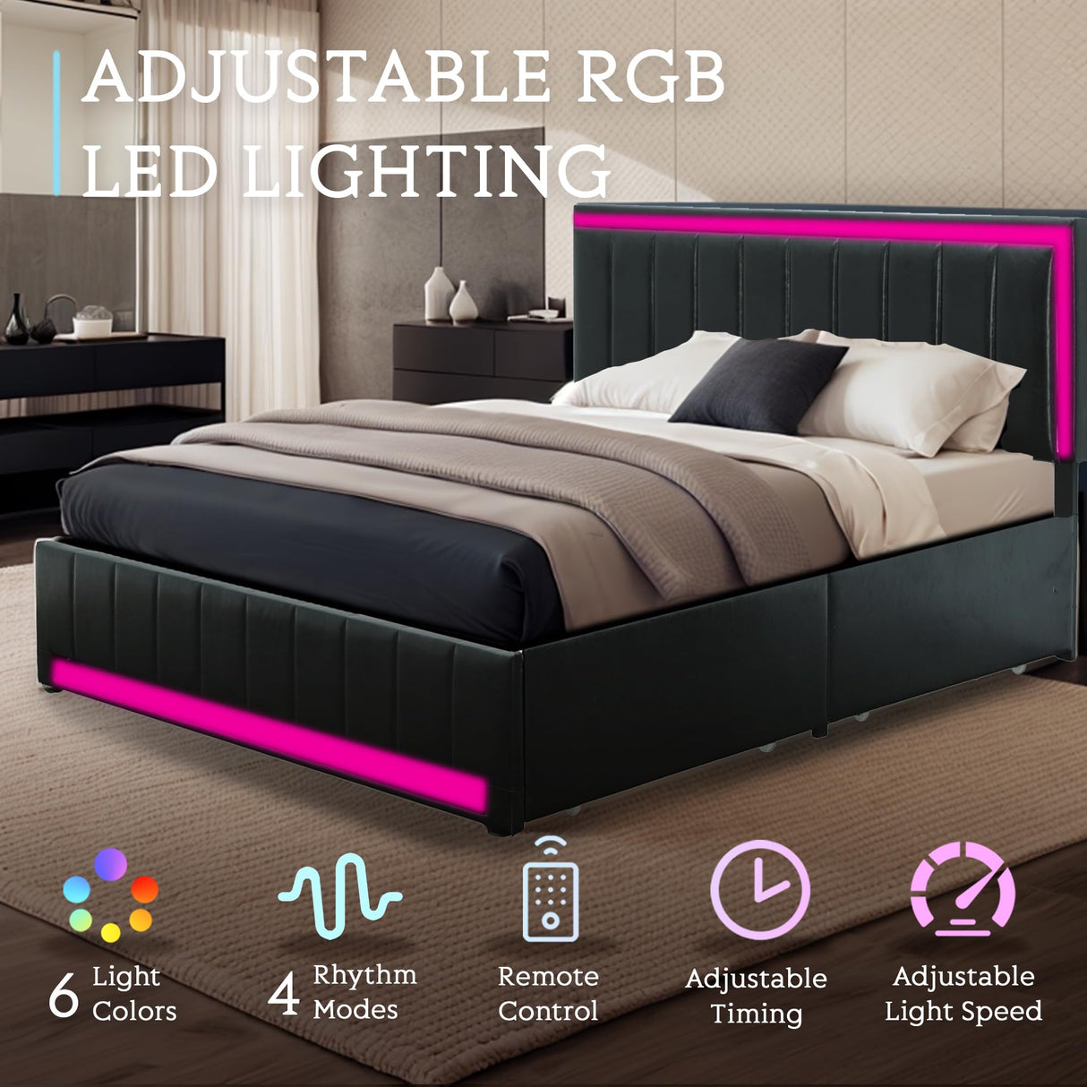 Queen Size Bed Frame with Headboard, Platform Bed Frame with LED Lights&4 Storage Drawers,