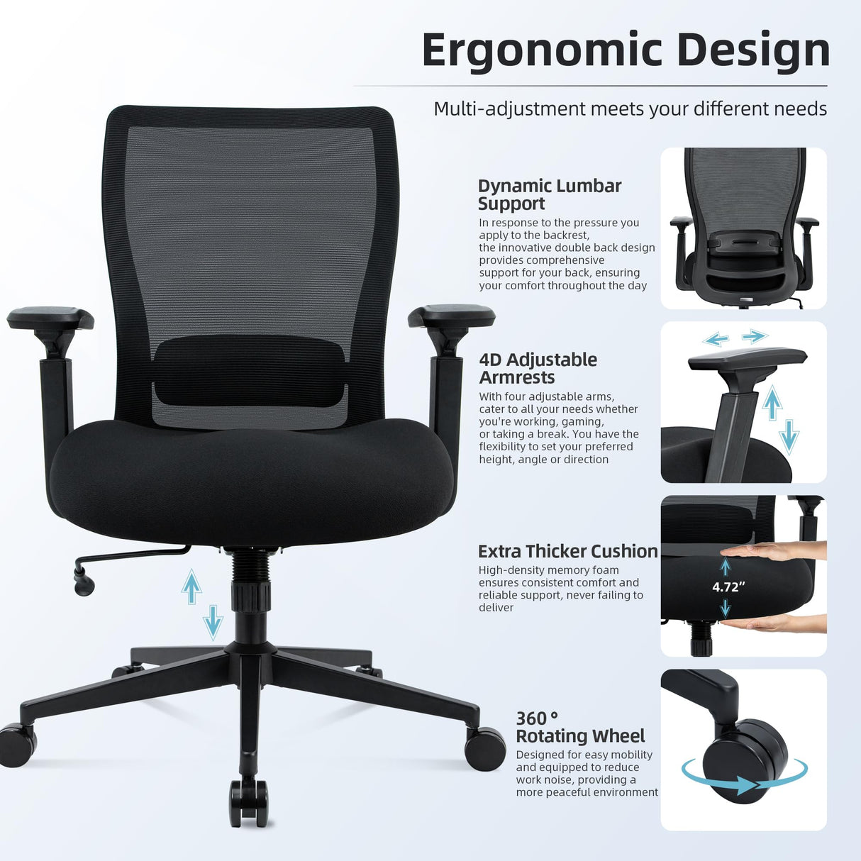 Big and Tall Office Chair 400lbs Heavy Duty Computer Chair, Wide Seat Desk Chair