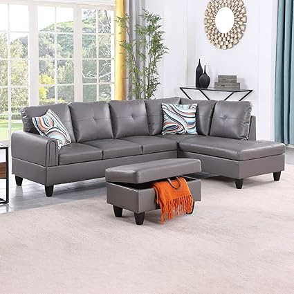 Linen Upholstered L-Shape Sectional Sofa with Storage Ottoman & Chaise