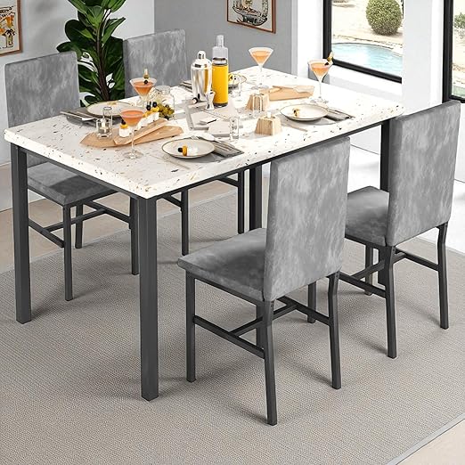 4-Piece Dining Table Set with Faux Marble Top and Blue Velvet Chairs