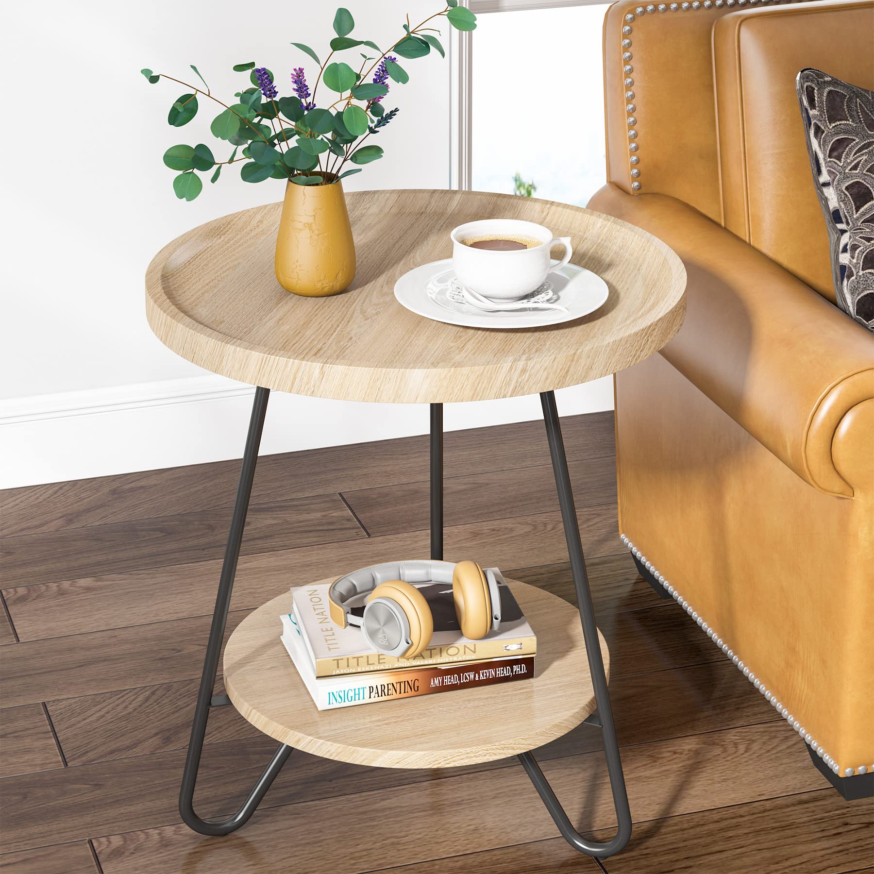 Set of 2 Round Side Table, 2-Tier End Table with Metal Legs