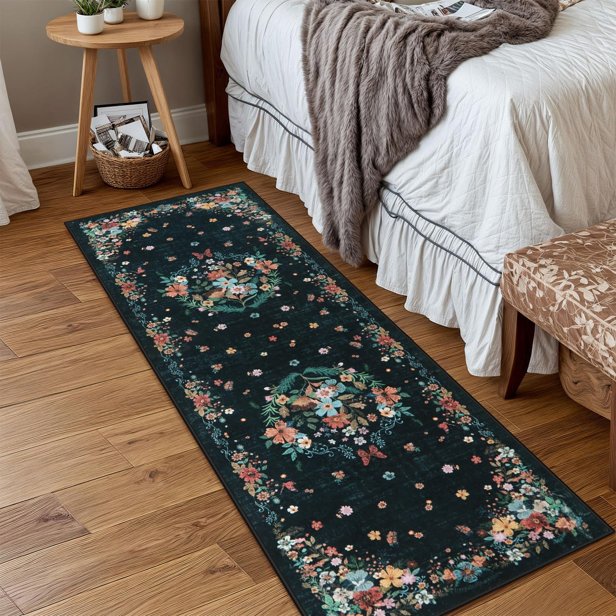 Sivilife Black Runner Rug for Entryway Indoor, 2x6 Floral Washable Rug Runners for Hallways Non Slip, Boho Kitchen Runner Rugs with Rubber Backing Carpet Runner for Bedroom Entryway Laundry Bedside