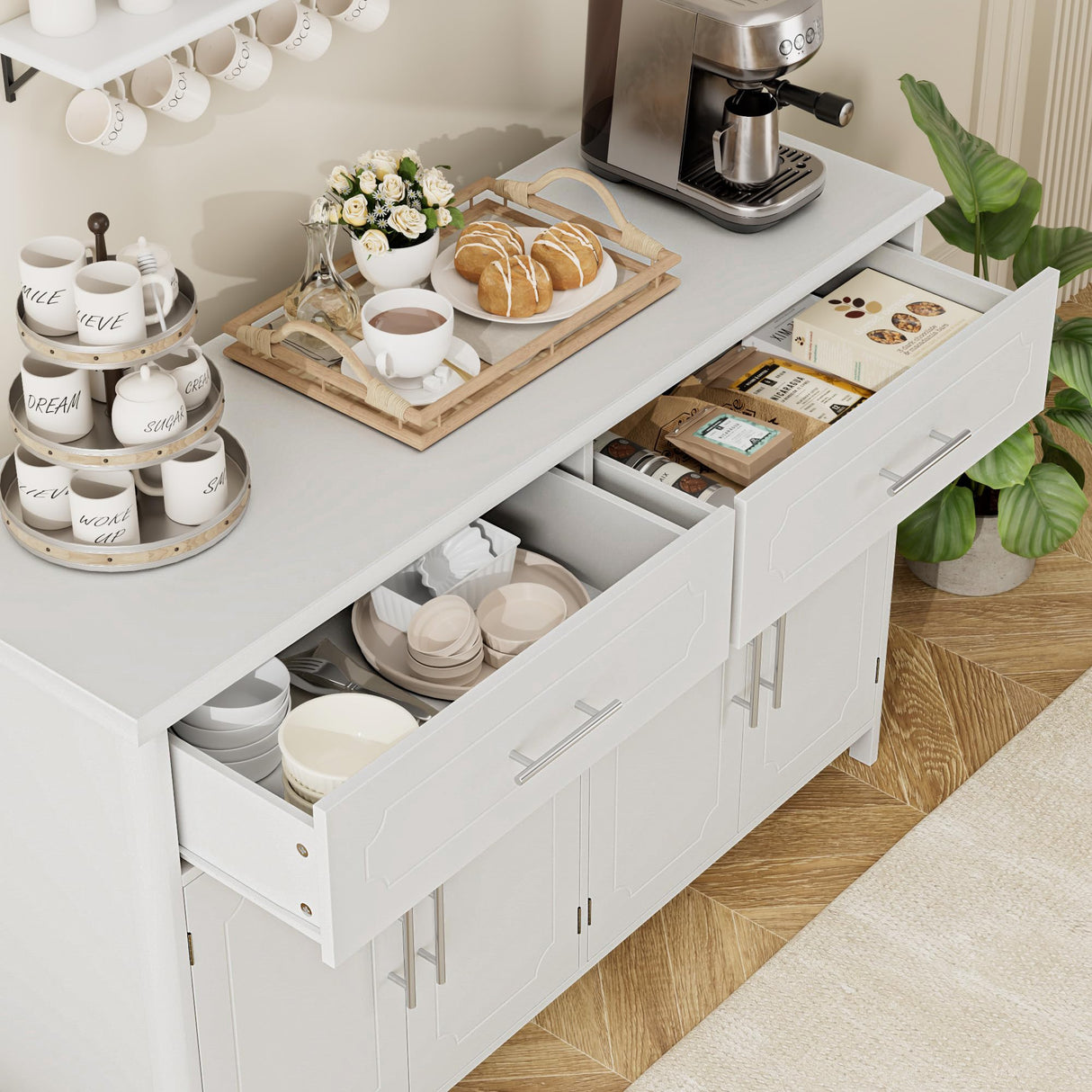 Buffet Sideboard Cabinet with Storage, White Coffee Bar Cabinet, Modern Kitchen