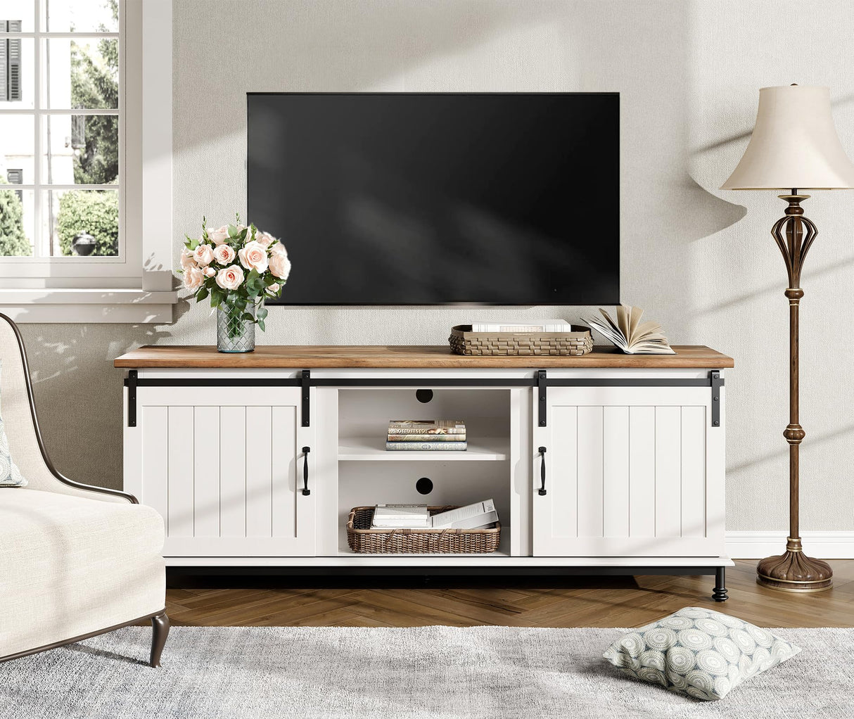 70'' Farmhouse TV Stand for 75 Inch TV, White Entertainment Center with Sliding Barn