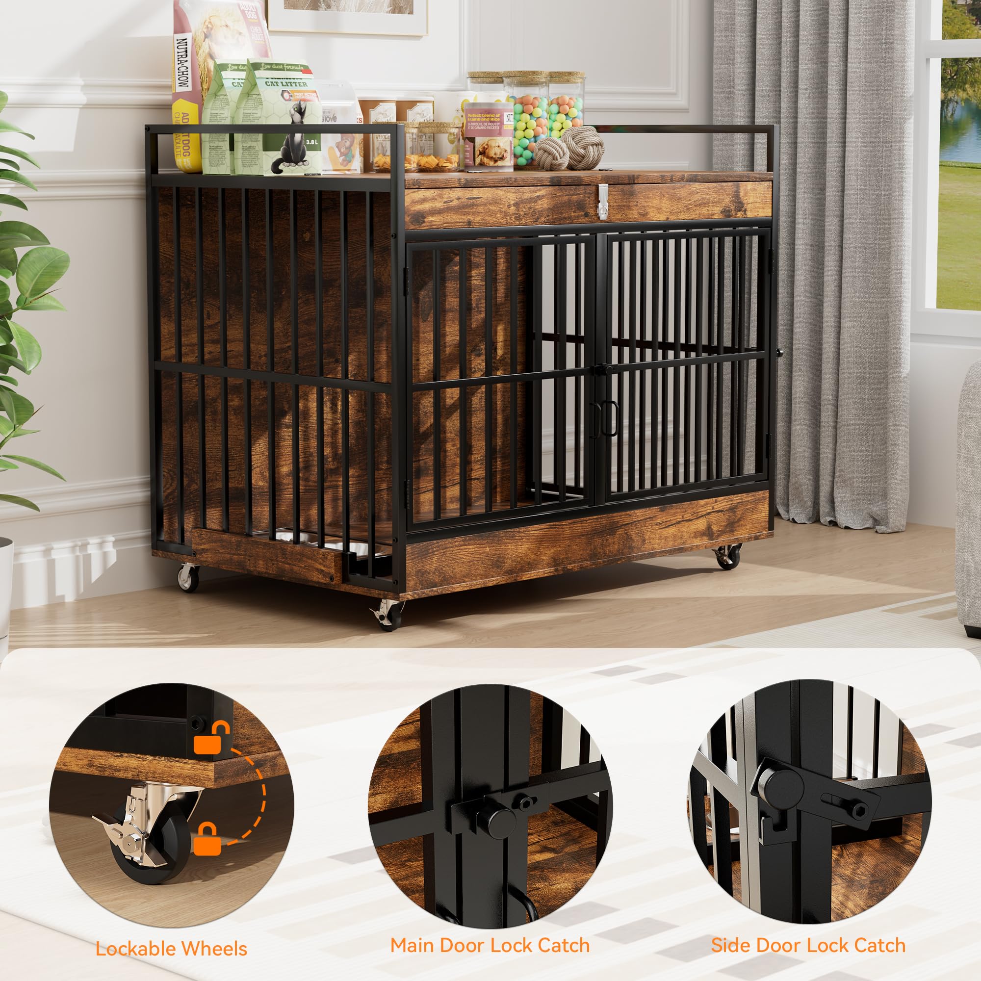45" Heavy Duty Dog Crate Furniture with Stainless Steel Bowls