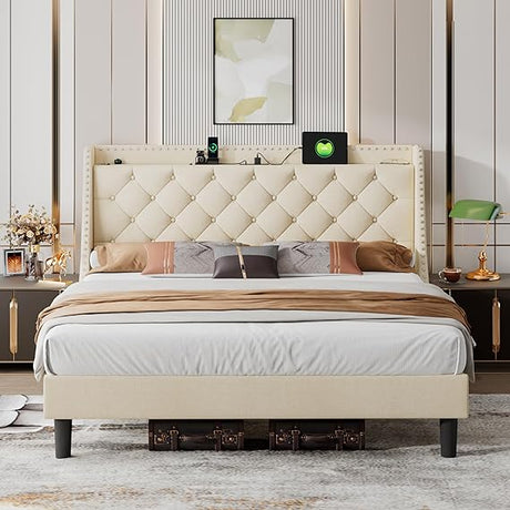 Queen Bed Frame with 16" Deluxe Wingback & USB & Type-C Ports