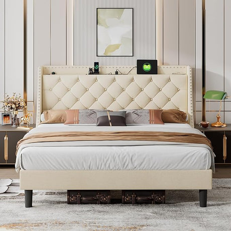 Queen Bed Frame with Wingback & 4" Storage Shelf, Upholstered Platform Bed