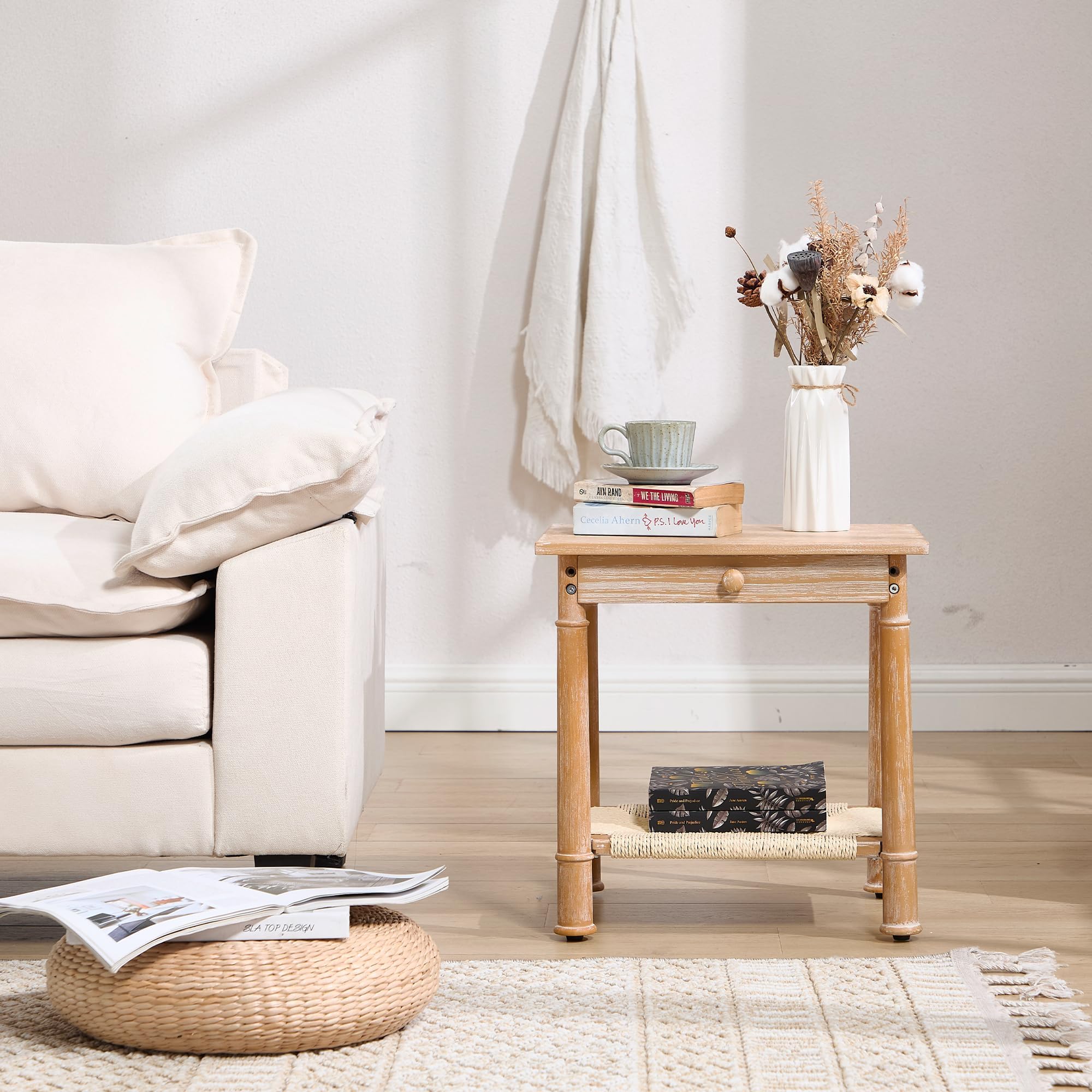 Table with Drawer for Living Room Couch Farmhouse End Table with Woven Rope Shelf