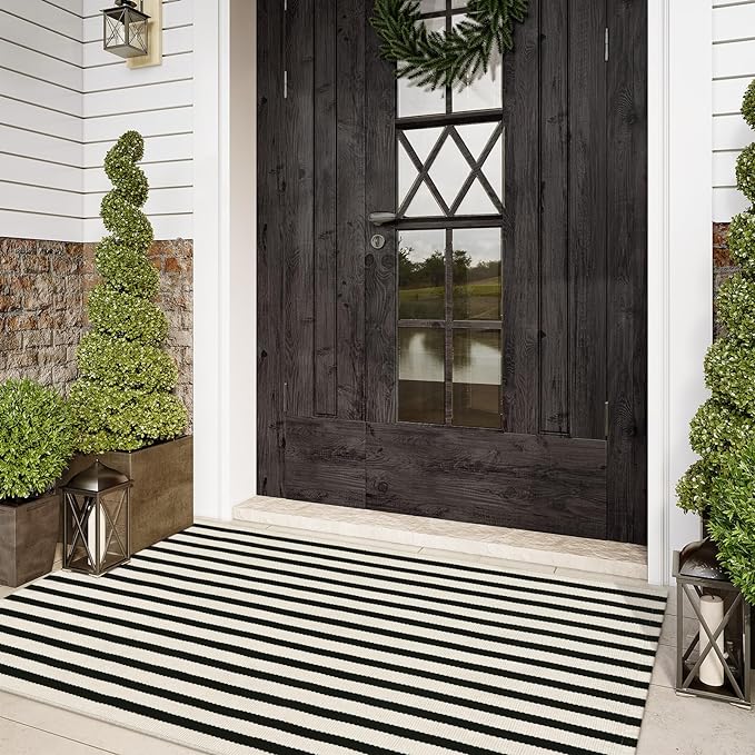 Black and Khaki Striped Rugs 3x5, Outdoor Cotton Hand Woven Front Door Mat,Washable