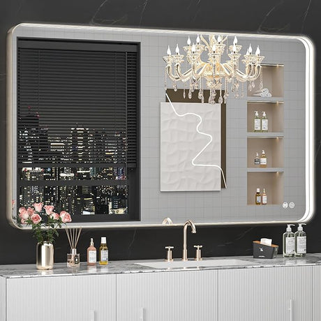 48" x 30" LED Bathroom Mirror with Lights, Rounded Rectangle Aluminum Alloy Frame