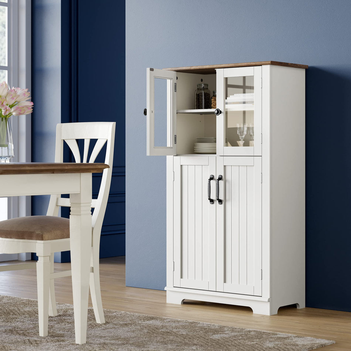 Bathroom Storage Cabinet with Glass Doors, Farmhouse Wooden Free Standing Cupboard