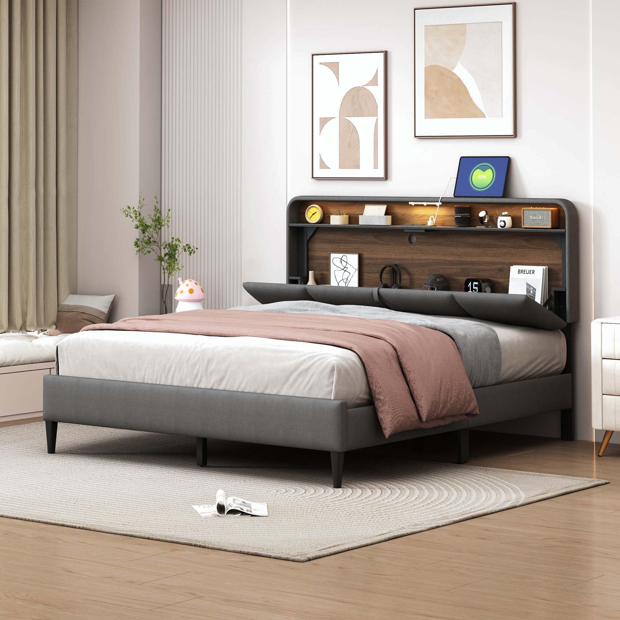 Upholstered Platform Bed with Storage Headboard and Sensor Light Beige - Queen