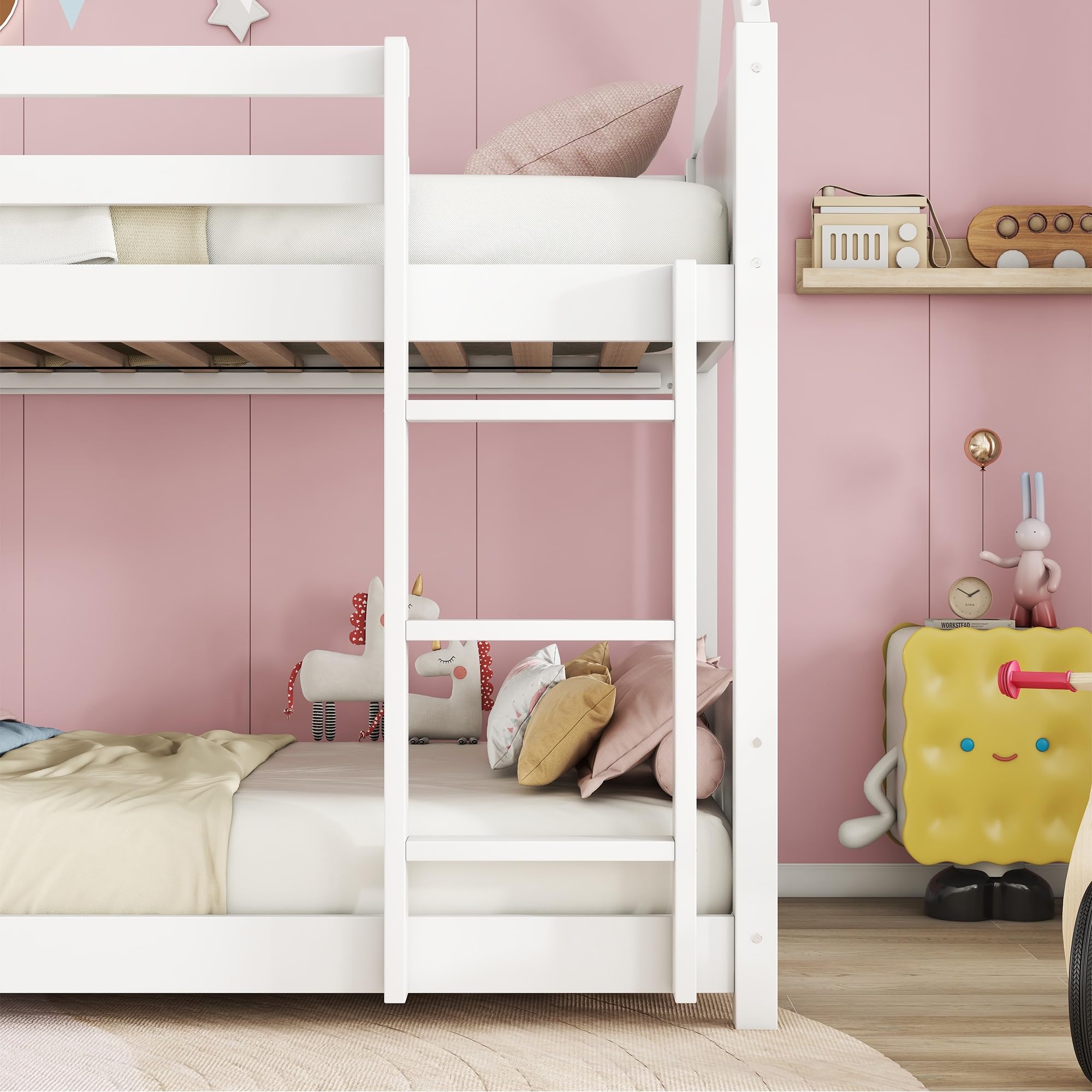 Twin Over Twin House Floor Bunk Bed, Wooden Bunk Bed with Headboards, Footboards, Guardrails and Ladder, Space-Saving Design, Safety Guaranteed, White