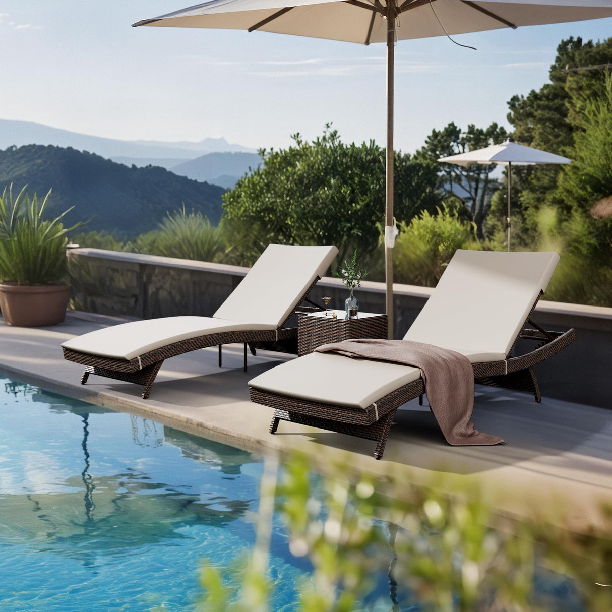 Patio Chaise Lounge Set 3 Pieces with Adjustable Backrest and Removable Cushion