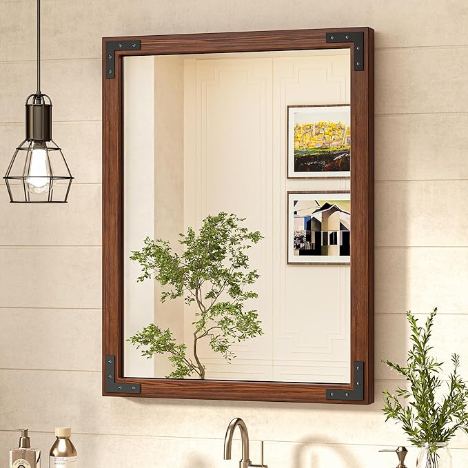 40 x 30 Inches Wood Frame Mirror for Wall, Dark Brown Walnut Wood Farmhouse Bathroom