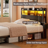 Queen Bed Frame with Wood Headboard and Storage Shelf, Metal Platform Bed Frame