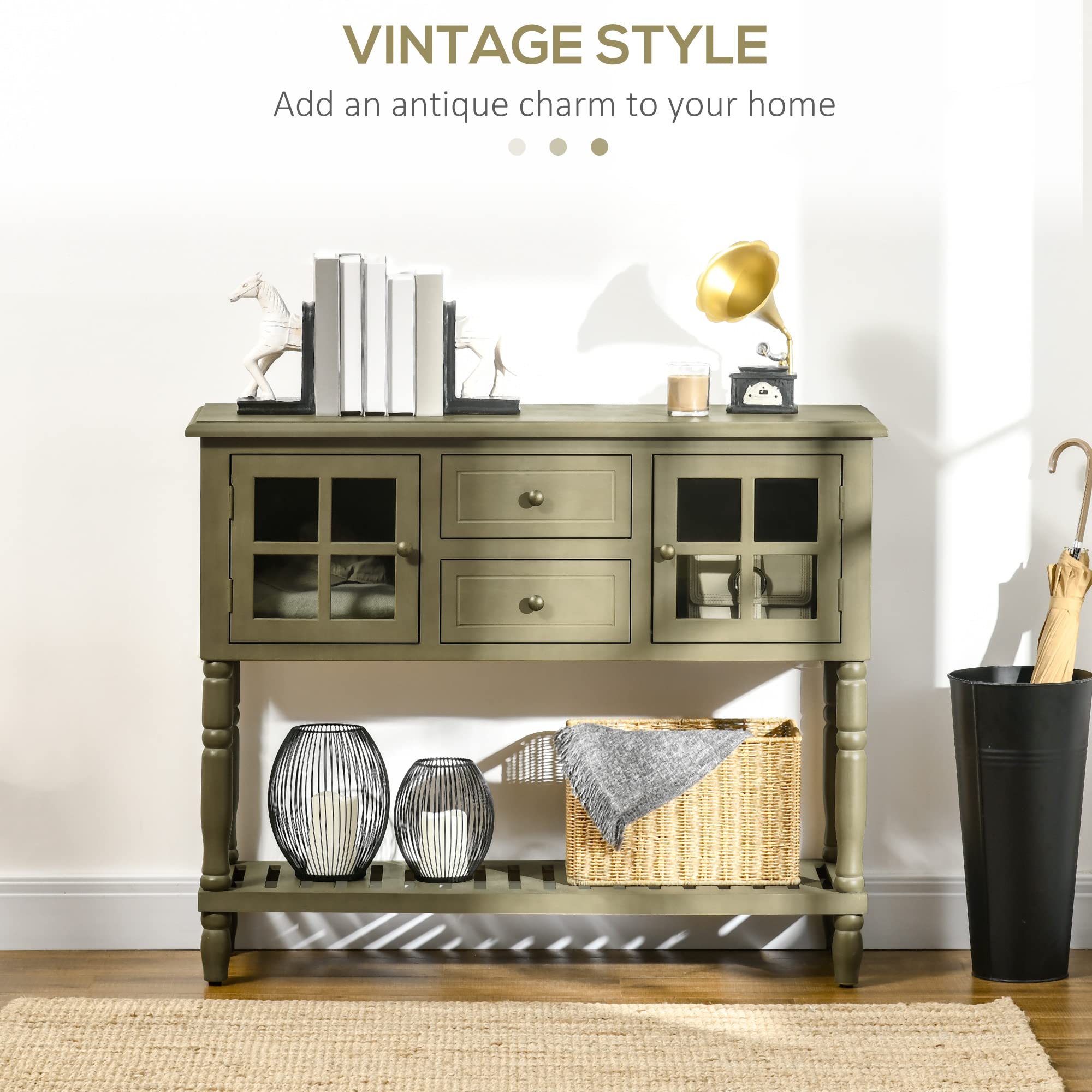 Vintage Console Table with 2 Drawers and Cabinets, Retro Sofa Table for Entryway, Living